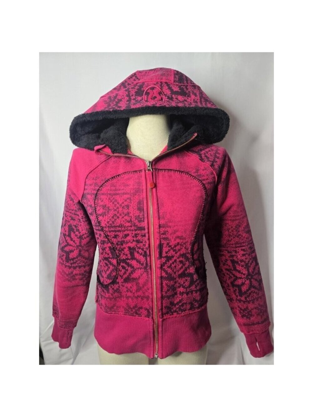 Lululemon Scuba Jacket Special Edition Pink Snowflake Fluffy Hood Full Zip Sz 4